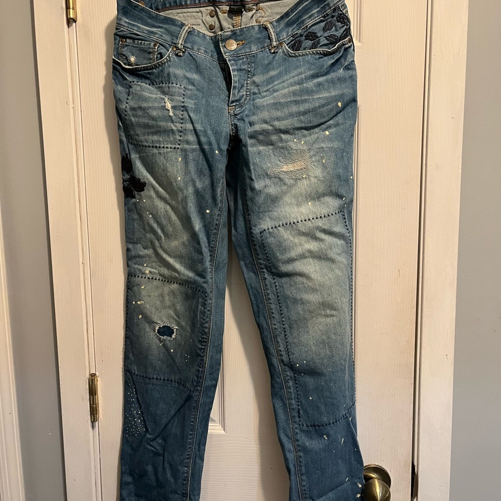 Vintage Eddie Bauer Distressed Patchwork Jeans Relaxed Boyfriend Back Buckle - Picture 8 of 14